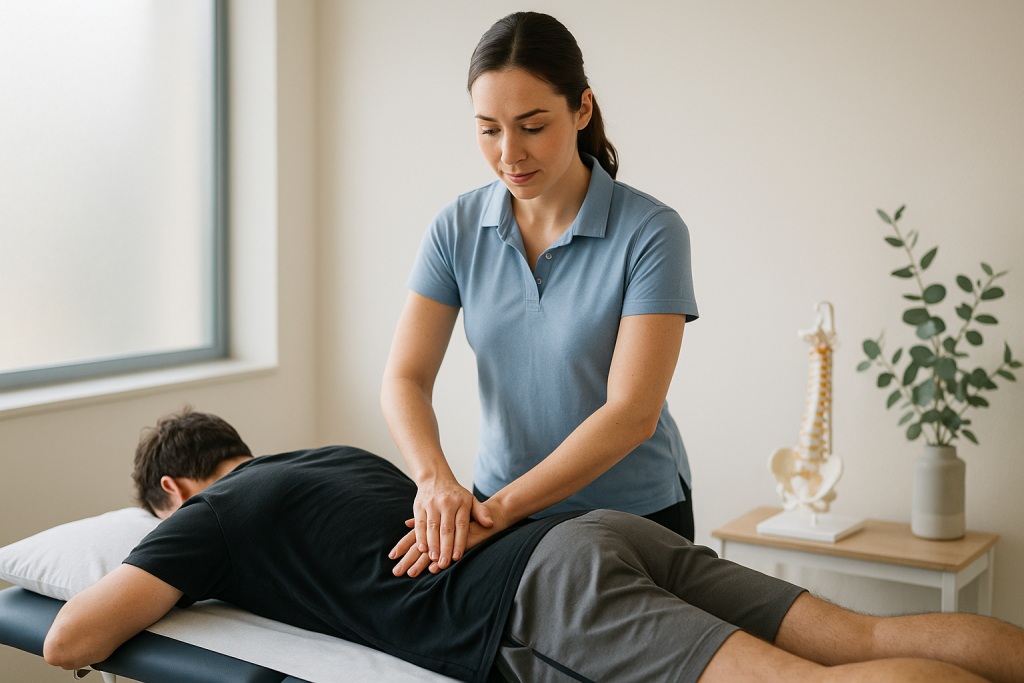Female physiotherapist treating a patient with lower back pain on a treatment table in a modern Australian allied-health clinic