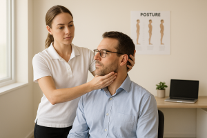 Female physiotherapist assessing a male office-worker patient's neck mobility in a modern Australian allied-health clinic