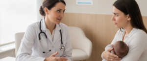 A female doctor in a white lab coat talks to a woman holding a baby, discussing whooping cough immunisation in a bright
