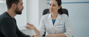 Bearded man sitting across from a smiling MediPharm doctor who gestures during a consultation at a bright modern clinic desk