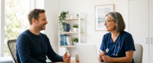 Man in his 40s talking with his GP during a mens health check in Hoxton Park consultation room